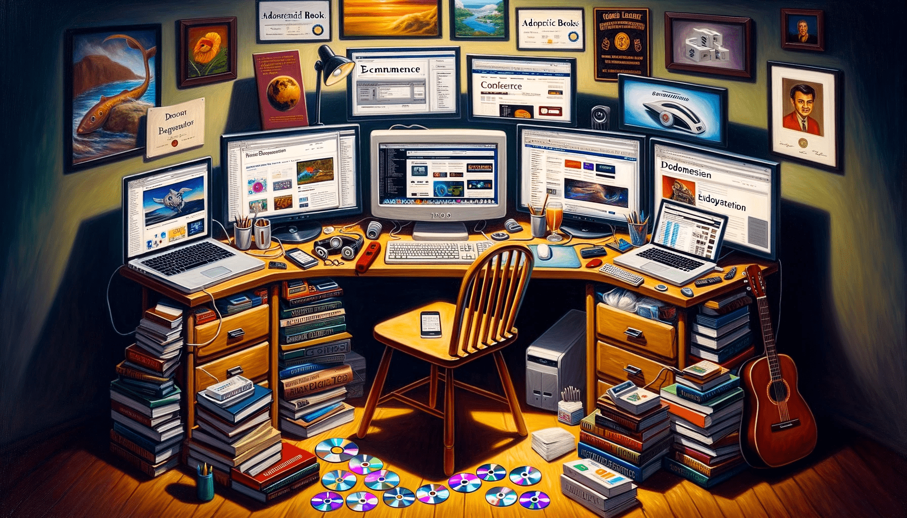 dall·e 2023 10 15 10.19.58 oil painting of a dedicated web developer's workspace through the years. the early 2000s depict a simple computer setup with rudimentary web designs o